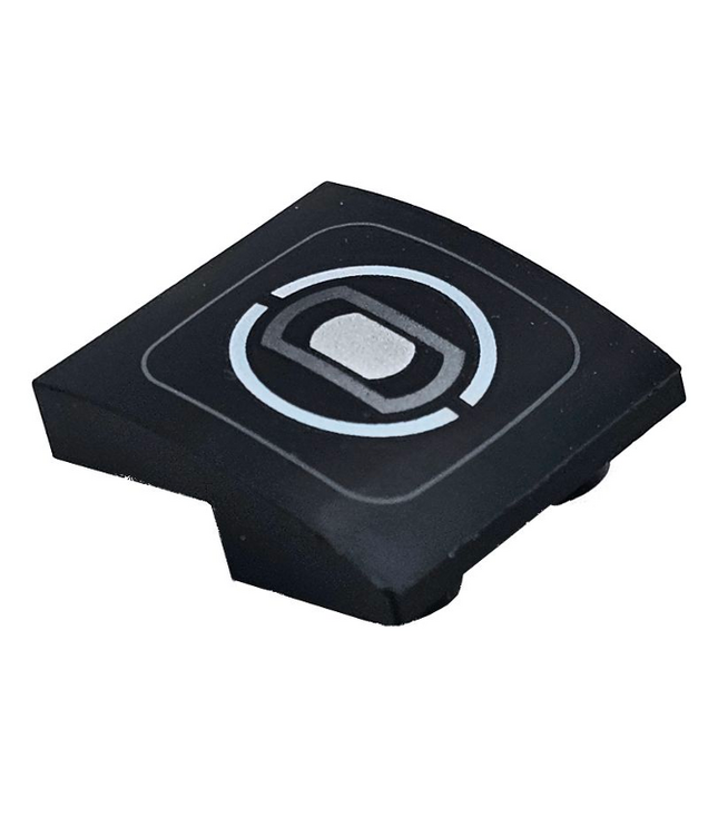 LEGO - Helling, gebogen 2 x 2 x 2/3 omgekeerd met dun donkerblauwgrijs afgerond vierkant, witte gespleten cirkel en zilverkleurige koplampopdruk - Black | N