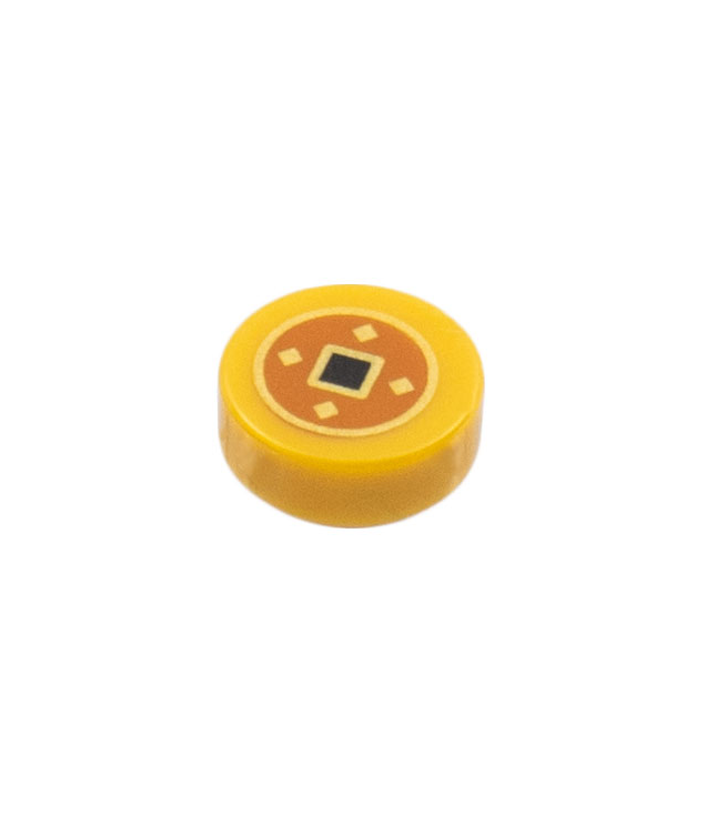 LEGO - Tegel, rond 1 x 1 met zwarte en gouden vierkanten in donkeroranje cirkel (Chinese geluks­munt) - Pearl Gold | N