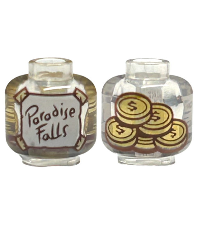LEGO - Minifiguur-hoofd zonder gezicht met wit label ‘Paradise Falls’ in roodbruin, beige tape en gouden munten achterop – geventileerde nop - Trans-Clear | N