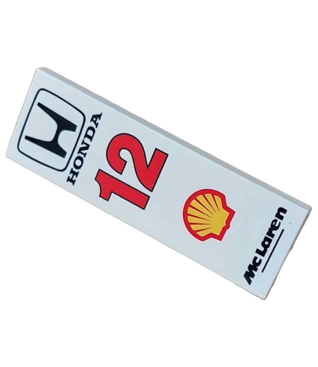 LEGO - Tegel 2 x 6 met zwarte ‘McLaren’ en ‘HONDA’-tekst, geel Shell-logo en rode ‘12’-opdruk - White | N