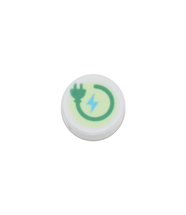 LEGO - Tegel, rond 1 x 1 met groene stekker en middelazuur bliksemschicht op geelgroene achtergrond - White | N