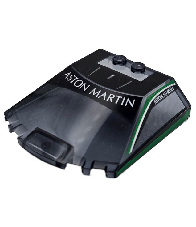 LEGO - Voorruit 6 x 6 x 1 1/3 met rechte zijkanten, zwarte panelen, groene raamranden, witte ‘ASTON MARTIN’- en zilverkleurige strepen - Trans-Black | N