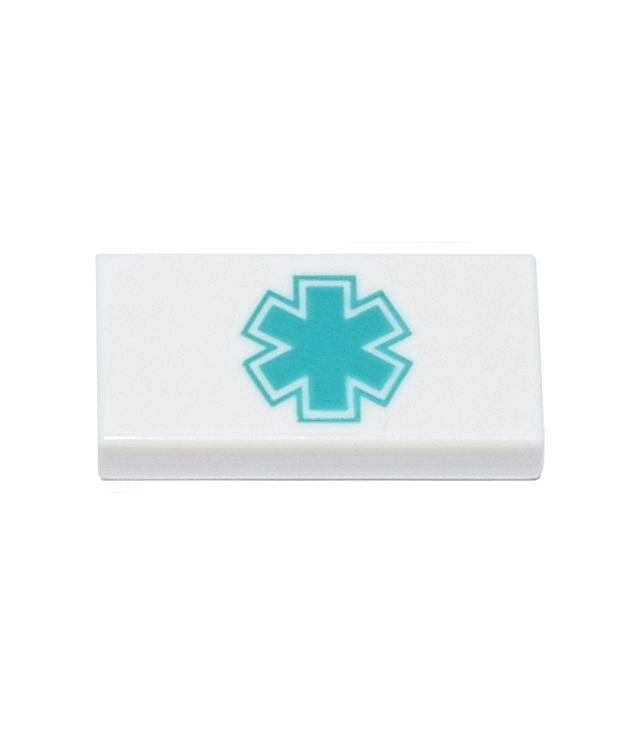 LEGO - Tegel 1 x 2 met donker­turquoise medische ster-opdruk (Star of Life) - White | N