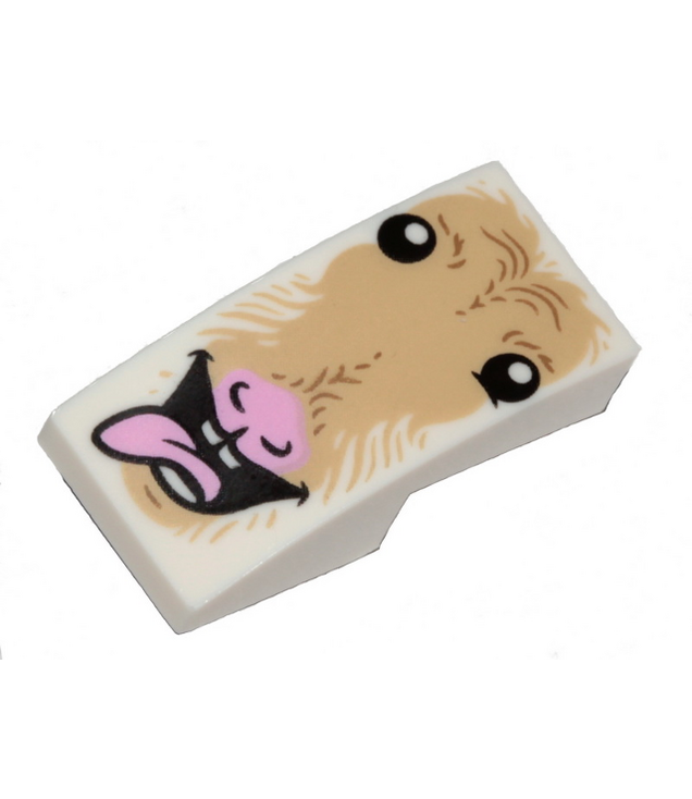 LEGO - Helling, gebogen 2 x 1 x 2/3 omgekeerd met beige vacht, ogen, open mond en felroze tong en neus (gezicht van geit) - White | N