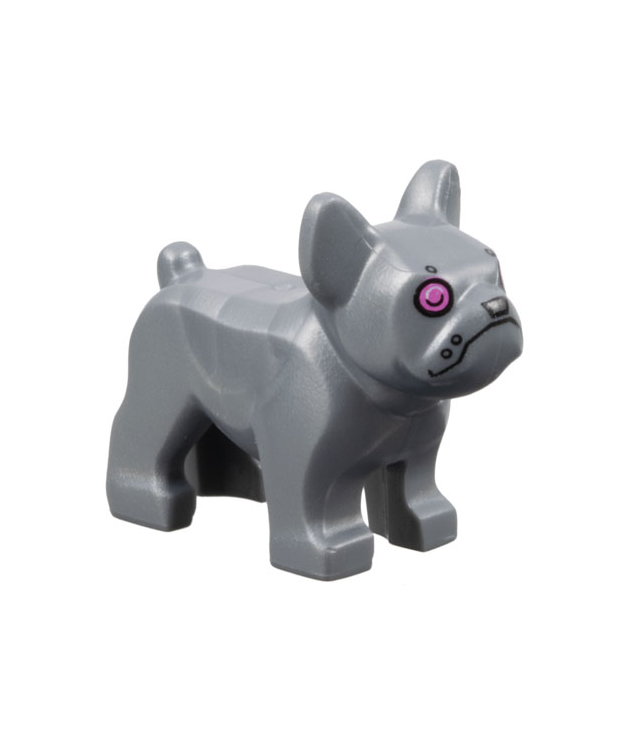 LEGO - Hond, Franse bulldog met donkerroze ogen, zilveren neus en robotpatroon - Flat Silver | N