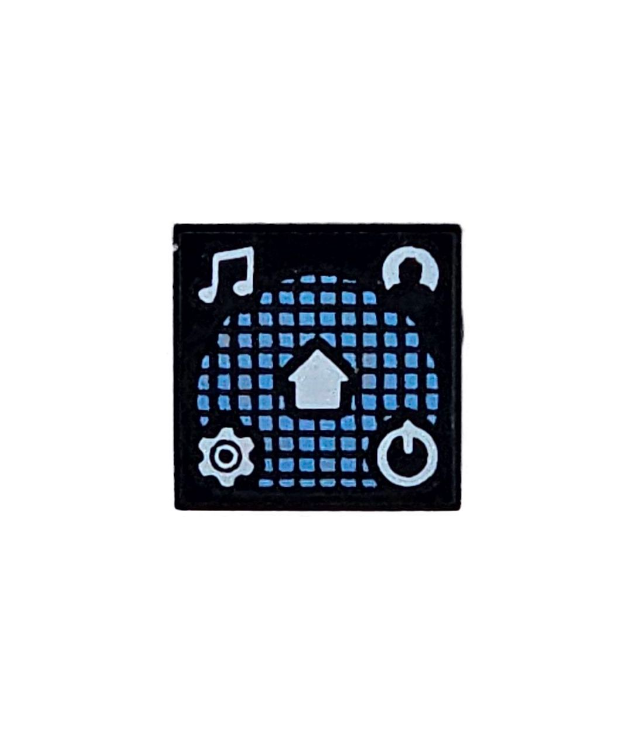 LEGO - Tegel 1 x 1 met witte muzieknoten, minifiguurprofiel, tandwiel, powericoon en homeknop op middenblauwe rasterachtergrond - Black | N