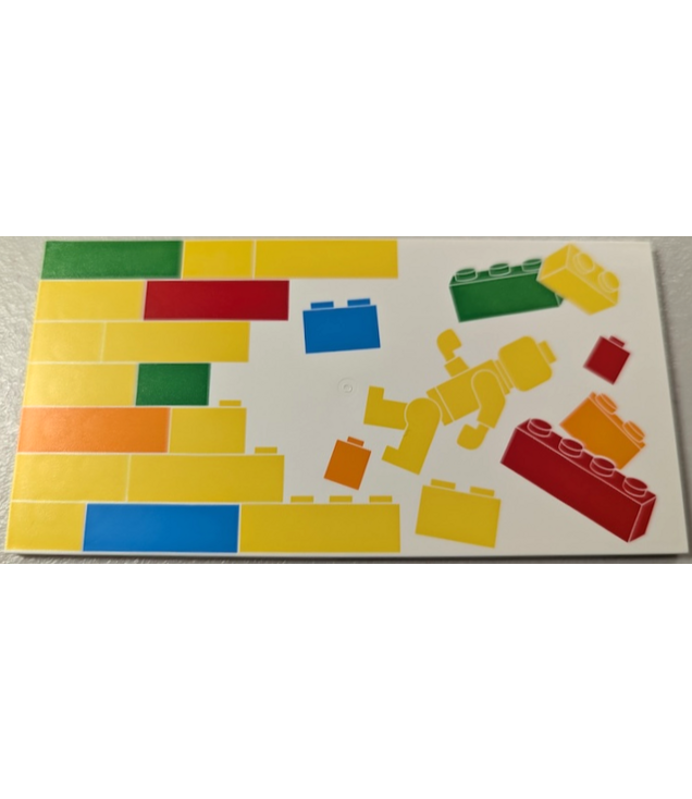 LEGO - Tegel 8 x 16 met onderbuizen en textuur van gele, oranje, donkerblauwe, rode en felgroene stenen, muur en minifiguurmotief (linkerkant) - White | N