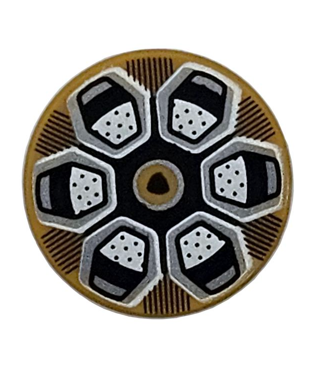 LEGO - Tegel, rond 2 x 2 met onderop een nophouder en velg met zilveren zeshoekige spaken, zwarte lijnen en Lamborghini-logo - Pearl Gold | N