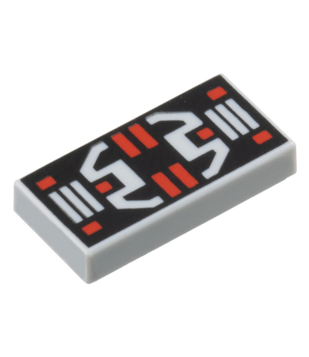 LEGO - Tegel 1 x 2 met rode en lichtblauwgrijze knoppen, strepen en rechthoeken op zwart paneel - Light Bluish Gray | N