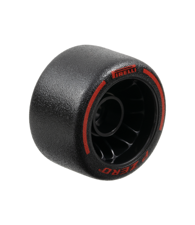 LEGO - Wiel 24 x 14.9 met pen-gat en gegoten zwarte harde rubberband met rode opdruk ‘PIRELLI’, ‘P ZERO’ en bogen - Black | N