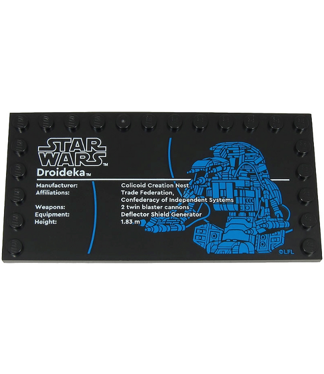 LEGO - Tegel, gemodificeerd 6 x 12 met noppen aan randen, Star Wars-logo en ‘Droideka’-opdruk - Black | N