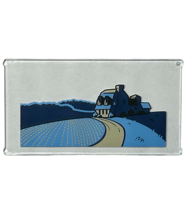 LEGO - Ruit voor raam 1 x 4 x 6 met licht- en donkerblauwe velden, beige weg en huis, zwart dak en struiken - Trans-Clear | N