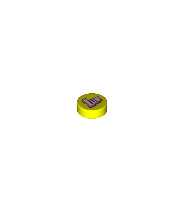 LEGO - Tegel, rond 1 x 1 met witte sprankels en ‘1UP’-opdruk met felroze, donkerroze en magenta rand - Neon Yellow | N