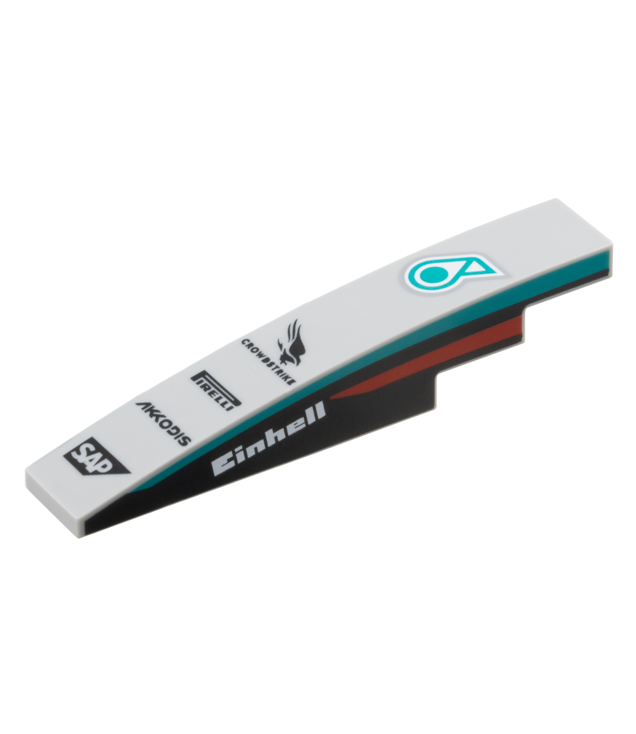 LEGO - Helling, gebogen 6 x 1 met logo’s Petronus, CROWDSTRIKE, PIRELLI, AKKODIS, SAP en witte ‘Einhell’-tekst met donkerturquoise en rode strepen op zwarte achtergrond aan beide zijden - Light Bluish Gray | N