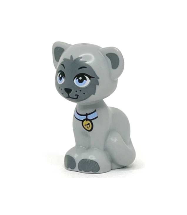 LEGO - Kat, Friends / Elves, zittend met lichtblauwe ogen, halsband met goudkleurig label, zwarte neus, donkergrijze oren en vlekken (Gertrude) - Light Bluish Gray | N