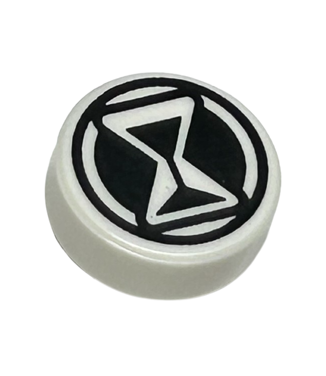 LEGO - Tegel, rond 1 x 1 met zwart zandloper- en cirkelpatroon - White | N