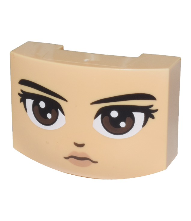 LEGO - Wig 3 x 4 x 1 1/3 driedubbel gebogen zonder noppen met zwarte wenkbrauwen, donkerbruine ogen recht vooruit, neus en nougatkleurige lippen (Wednesday Addams-gezicht) - Medium Tan | N