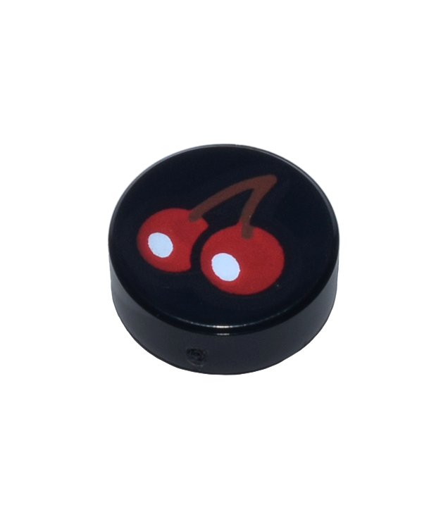 LEGO - Tegel, rond 1 x 1 met rode kersen, witte glanscirkels en roodbruine steel - Black | N