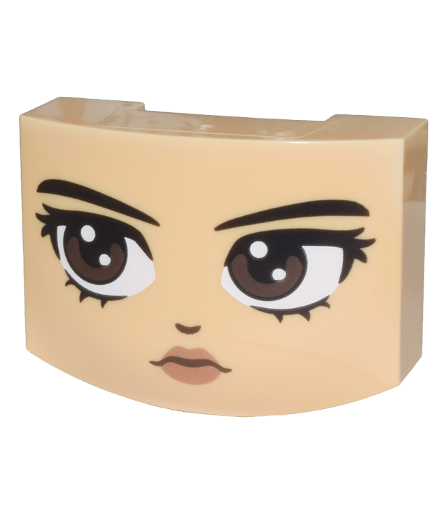 LEGO - Wig 3 x 4 x 1 1/3 driedubbel gebogen zonder noppen met zwarte wenkbrauwen, donkerbruine ogen naar rechts, neus en koperkleurige lippen (Wednesday Addams-gezicht) - Medium Tan | N