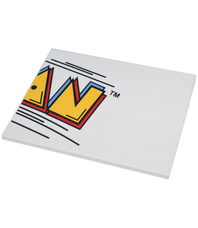 LEGO - Helling 10 6 x 8 met PAC-MAN-bord rechterdeel, geel, blauw en rood ‘AN’ en zwarte ‘TM’-tekst en lijnen - White | N