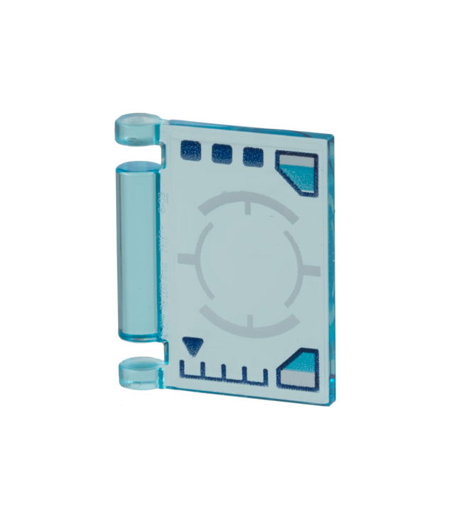 LEGO - Minifiguur-accessoire, boekomslag met ruimteschip-bedieningspaneel, donkerblauwe meters, vormen en wit viziercirkel (HUD) - Trans-Light Blue | N
