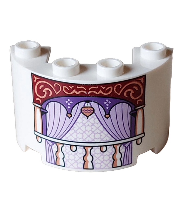 LEGO - Cilinder half 2 x 4 x 2 met 1 x 2 uitsparing met balkon, nougat sierwerk op donkerrode achtergrond, donkerpaars paneel en lavendelkleurige gordijnen - White | N