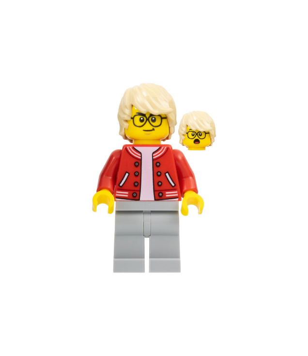 LEGO - Stuntz fotograaf – man, rood jack over wit shirt, lichtgrijze benen, zandkleurig haar, bril - | N