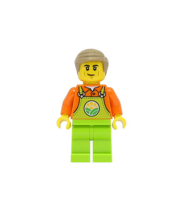 LEGO - Treinwerker – man, oranje overhemd, limoenkleurige overall, donkerblond haar - | N