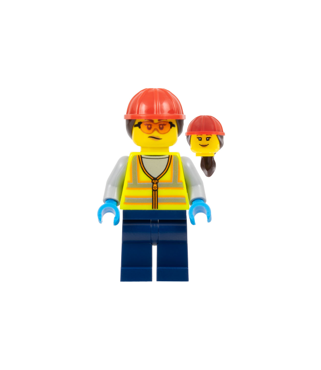 LEGO - Luchthavenmedewerker – vrouw, geel veiligheidsvest, donkerblauwe benen, rode bouwhelm met donkerbruine paardenstaart, veiligheidsbril - | N