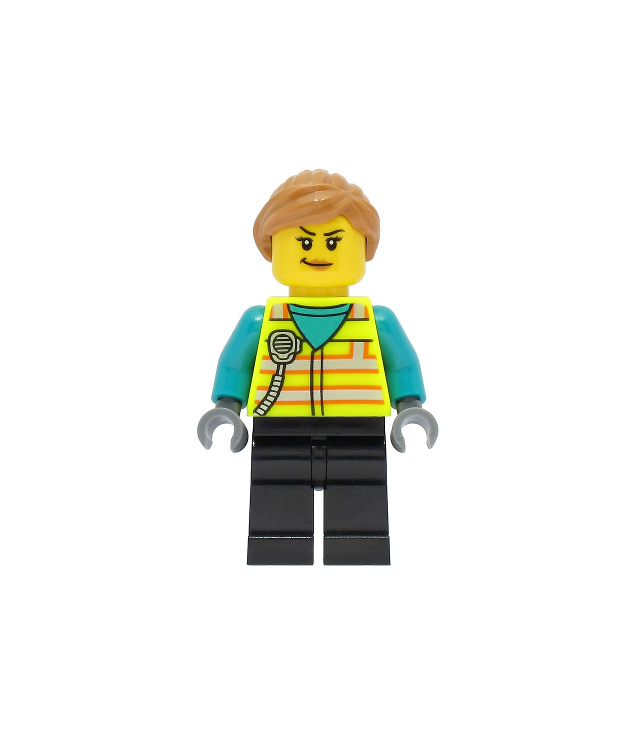 LEGO - Treinmachinist – vrouw, geel veiligheidsvest met portofoon, zwarte benen, midden-nougat paardenstaart - | N