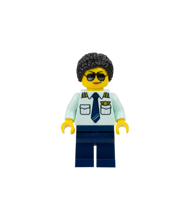 LEGO - Passagiersvliegtuigpiloot – vrouw, licht-aqua uniform met stropdas, donkerblauwe benen, zwart gevlochten haar met knot, zonnebril - | N