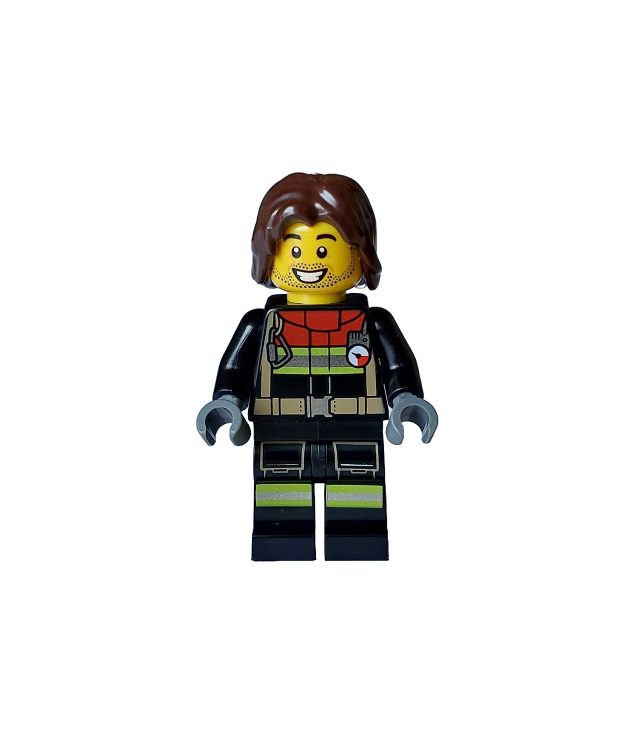 LEGO - Brandweerman – man, zwarte jas en benen met reflecterende strepen en rode kraag, donkerbruin halflang haar - | N