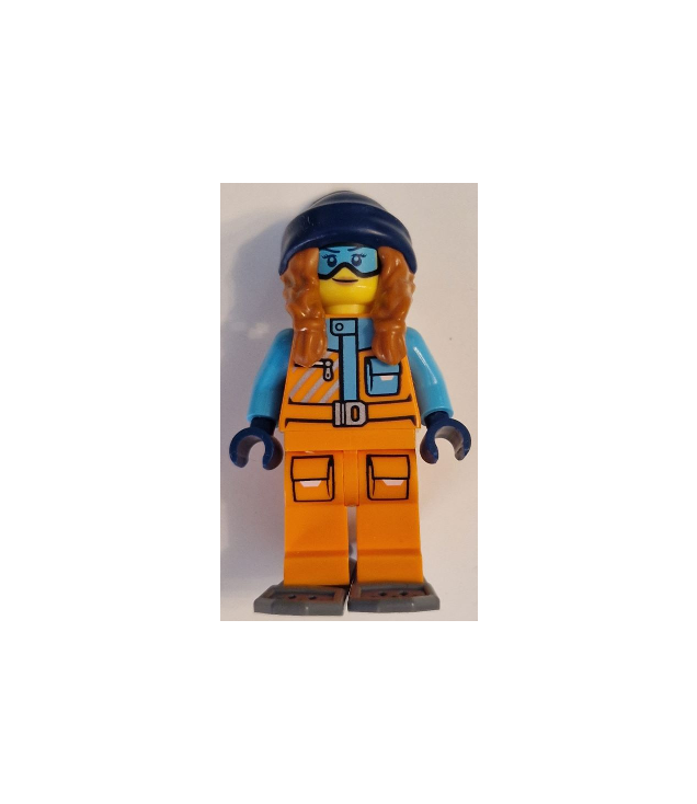 LEGO - Arctische ontdekkingsreiziger – vrouw, oranje jas, donkeroranje vlechten met donkerblauwe muts, azuurblauwe bril, donkergrijze sneeuwschoenen - | N