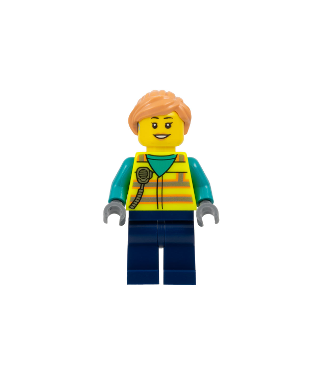 LEGO - Luchthavenmedewerker – vrouw, geel veiligheidsvest met portofoon, donkerblauwe benen, nougat paardenstaart, gehoorapparaat - | N