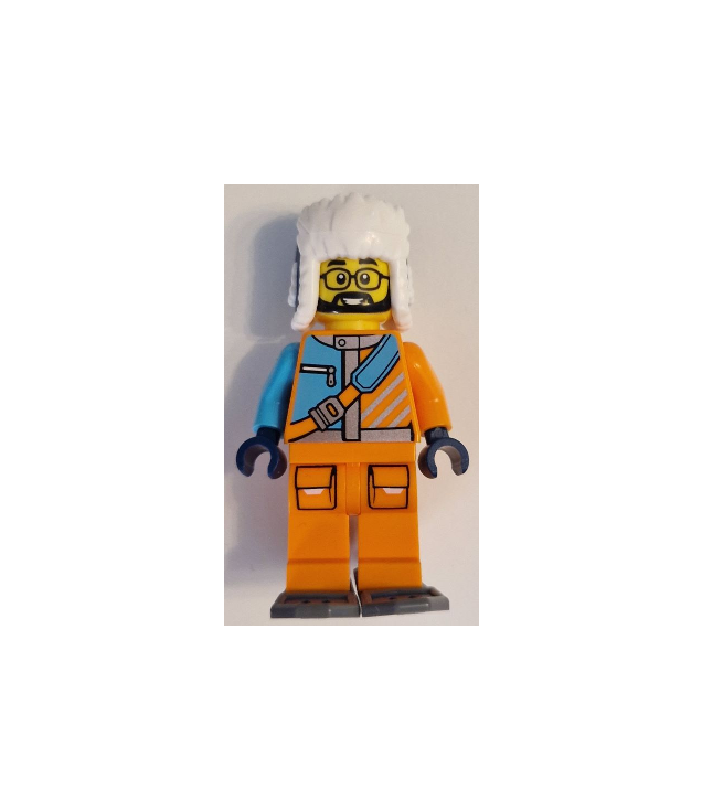 LEGO - Arctische ontdekkingsreiziger – man, oranje en azuurblauwe jas, donkerblauwe bontmuts, zwarte baard, bril, donkergrijze sneeuwschoenen - | N