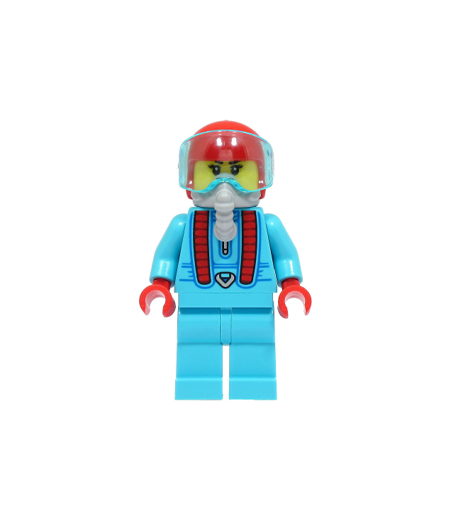 LEGO - Stuntz-rijder – vrouw, azuurblauw overall, rode helm, lichtblauw vizier, grijs zuurstofmasker - | N