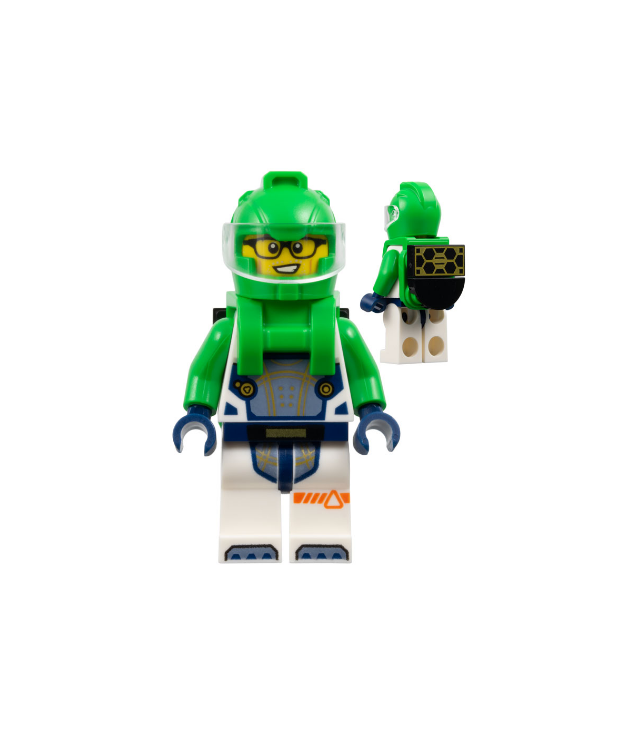 LEGO - Astronaut – man, wit ruimtepak met felgroene armen, helm en rugzak met zonnepaneel en halve ronde tegel - | N