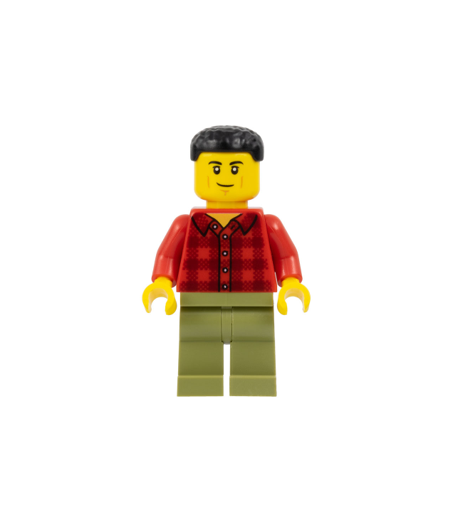 LEGO - Vliegtuigpassagier – man, rood geruit flanellen overhemd, olijfgroene benen, kort zwart haar - | N