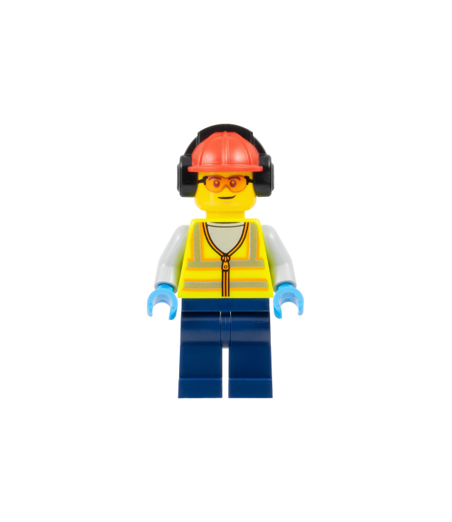 LEGO - Luchthavenmedewerker – man, geel veiligheidsvest, donkerblauwe benen, rode bouwhelm met zwarte gehoorbescherming, veiligheidsbril - | N