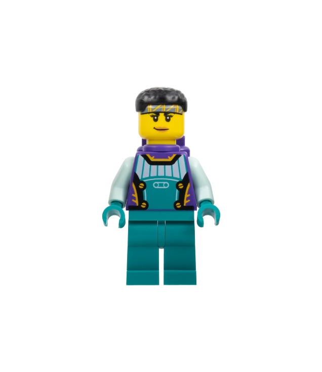 LEGO - Stuntz-coureur – vrouw, donkerpaars en donkerturquoise racepak met licht-aqua armen, donkerpaarse luchttanks, kort zwart haar - | N
