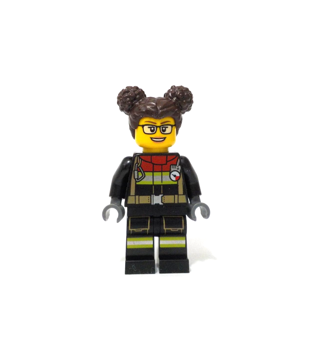 LEGO - Brandweervrouw – zwarte jas en benen met reflecterende strepen en rode kraag, donkerbruin haar in knotjes - | N
