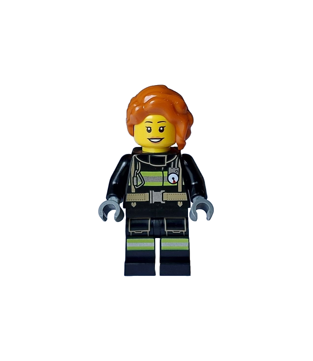 LEGO - Brandweervrouw – zwarte jas en benen met reflecterende strepen, donkeroranje golvend haar met losse vlecht - | N