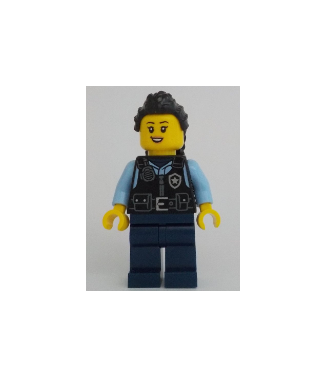 LEGO - Politie – vrouwelijke agent, zwart veiligheidsvest met zilveren sterembleem, donkerblauwe benen, zwart lang haar met gevlochten paardenstaart - | N