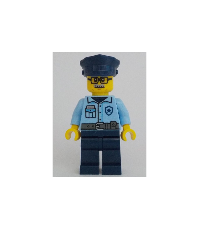 LEGO - Politie – mannelijke agent, lichtblauw overhemd, donkerblauwe benen, lichtgrijze snor en zwarte bril - | N