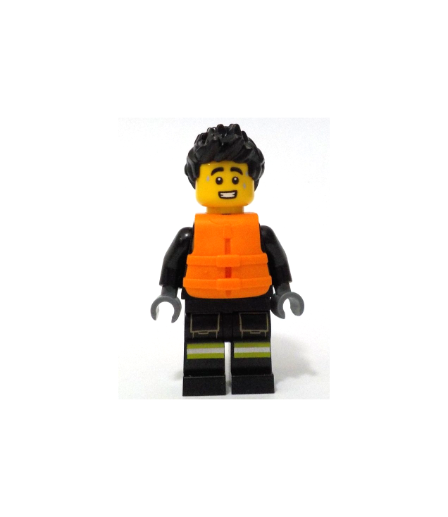 LEGO - Brandweerman – zwarte jas en benen met reflecterende strepen, zwart stekelig haar, oranje reddingsvest - | N