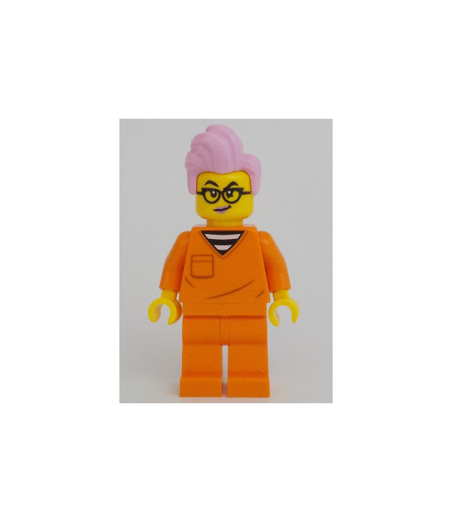 LEGO - Politie – vrouwelijke gevangene, oranje gevangenisoverall, felroze haar, zwarte bril - | N