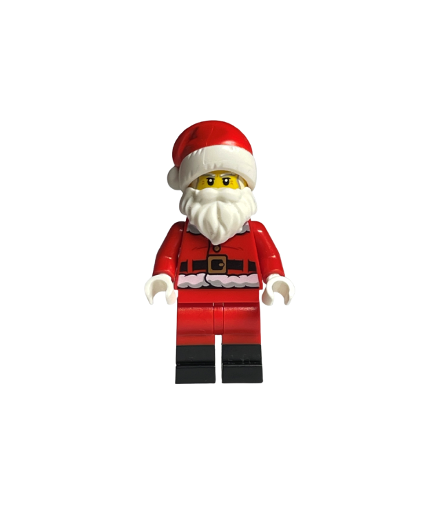 LEGO - Kerstman – rode benen, zwarte laarzen, bontgevoerde jas met knopen en zuurstok op rug, grijze borstelige wenkbrauwen - | N