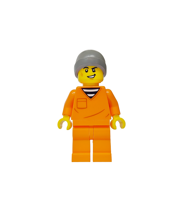 LEGO - Politie – mannelijke gevangene, oranje gevangenisoverall, donkergrijze muts, stoppels - | N
