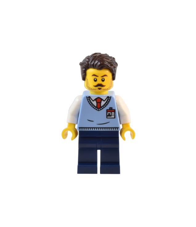 LEGO - Medewerker natuurhistorisch museum – man, lichtblauw vest met ID-badge, donkerblauwe benen, donkerbruin warrig haar - | N