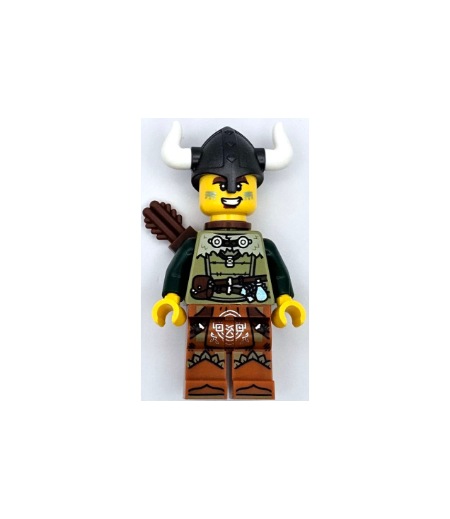 LEGO - Viking-boogschutter – man, olijfgroene tuniek, donkeroranje benen met lendendoek, donkergrijze helm, pijlkoker - | N